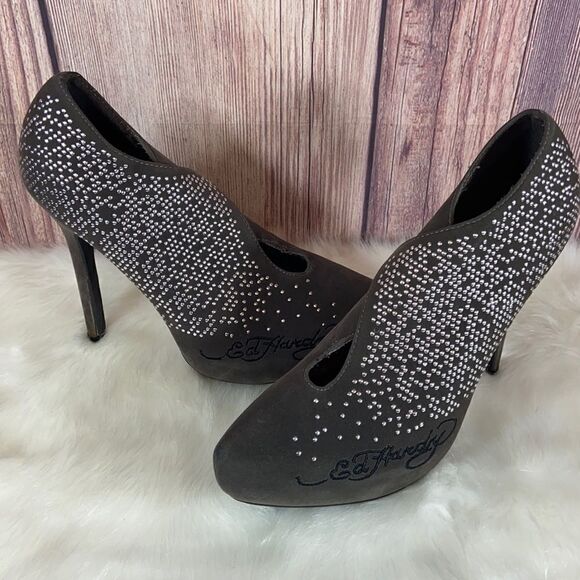 Ed Hardy Gray Suede Bootie Heels - Picture 1 of 7